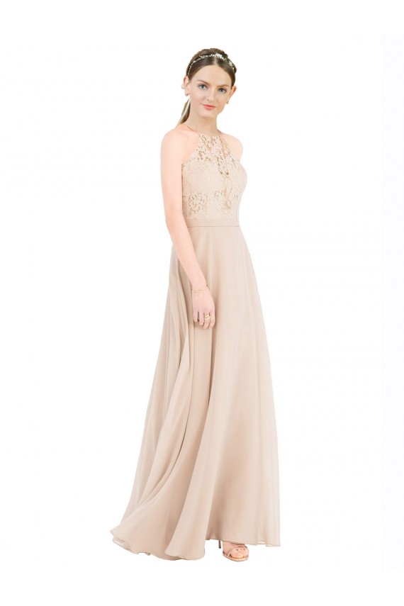 Champagner A-Linien Neckholder Stehkragen Ausschnitt Chiffon Spitze Lange Brautjungfernkleider / Abiballkleider Verkäufer