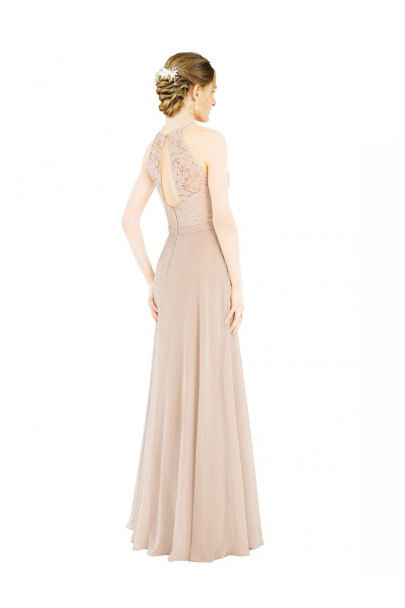 Champagner A-Linien Neckholder Stehkragen Ausschnitt Chiffon Spitze Lange Brautjungfernkleider / Abiballkleider Verkäufer