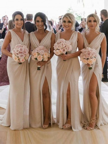 Champagner A-Linien V-Ausschnitt Chiffon Lange Brautjungfernkleider Verkäufer