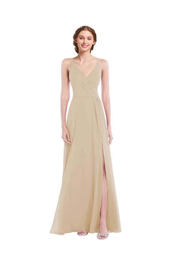 Champagner A-Linien V-Ausschnitt Chiffon Lange Brautjungfernkleider Verkäufer