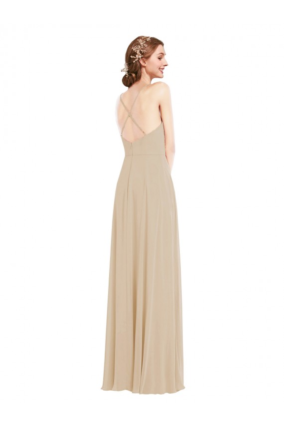 Champagner A-Linien V-Ausschnitt Chiffon Lange Brautjungfernkleider Verkäufer