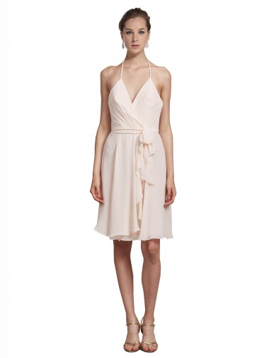 Creme Rosa A-Linien Neckholder V-Ausschnitt Knielang Chiffon Kurze Brautjungfernkleider / Cocktailkleider / Heimkehr Kleider Verkäufer