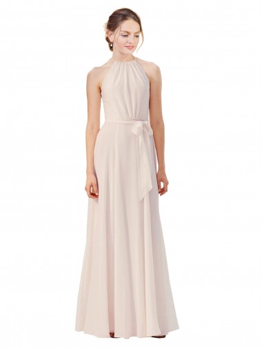 Creme Rosa A-Linien Stehkragen Ausschnitt Chiffon Lange Brautjungfernkleider Verkäufer