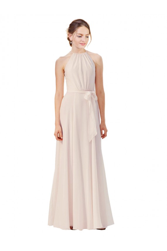 Creme Rosa A-Linien Stehkragen Ausschnitt Chiffon Lange Brautjungfernkleider Verkäufer