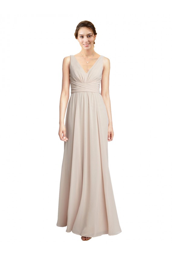 Creme Rosa A-Linien V-Ausschnitt Chiffon Lange Brautjungfernkleider Verkäufer