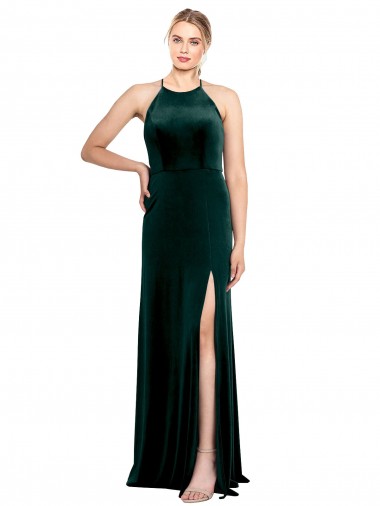 Dunkelgrün A-Linien Spaghetti-Träger Jewel Neck Stretch-Samt Lange Brautjungfernkleider / Abiballkleider Verkäufer