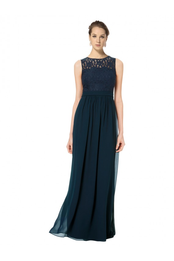 Dunkelmarine A-Linien Illusion Ausschnitt Chiffon Spitze Lange Brautjungfernkleider Verkäufer