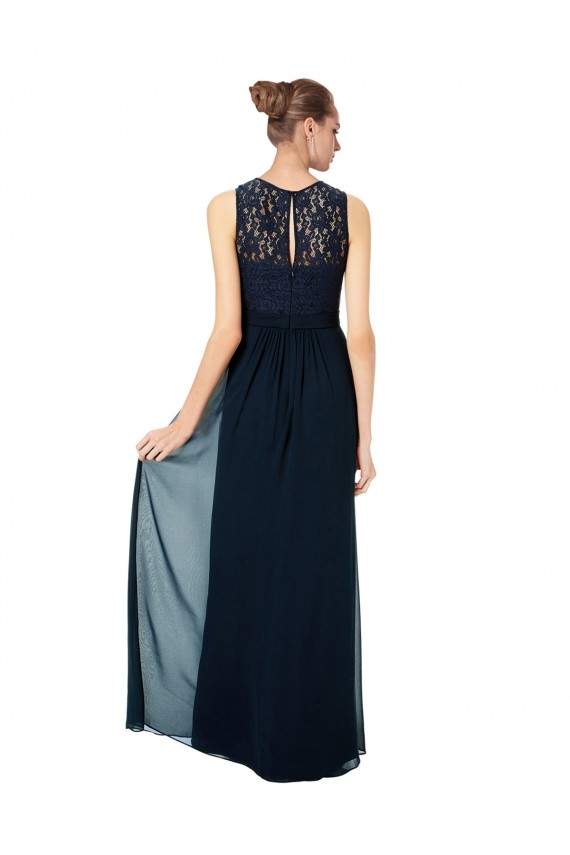 Dunkelmarine A-Linien Illusion Ausschnitt Chiffon Spitze Lange Brautjungfernkleider Verkäufer