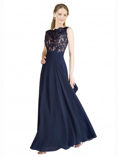 Dunkelmarine A-Linien Illusion Ausschnitt Chiffon Spitze Lange Brautjungfernkleider / Abiballkleider Verkäufer