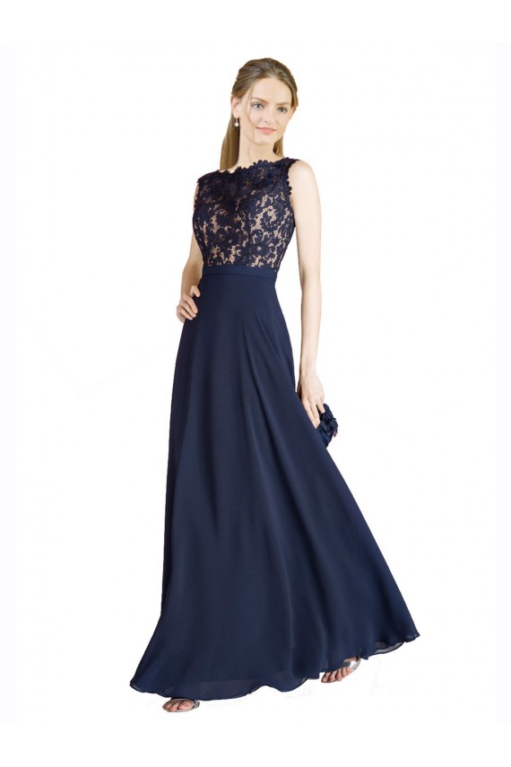 Dunkelmarine A-Linien Illusion Ausschnitt Chiffon Spitze Lange Brautjungfernkleider / Abiballkleider Verkäufer