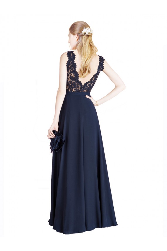 Dunkelmarine A-Linien Illusion Ausschnitt Chiffon Spitze Lange Brautjungfernkleider / Abiballkleider Verkäufer