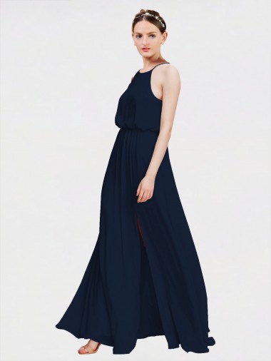 Dunkelmarine A-Linien Neckholder Chiffon Lange Brautjungfernkleider Verkäufer