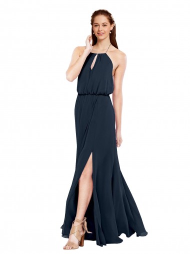 Dunkelmarine A-Linien Neckholder Chiffon Lange Brautjungfernkleider Verkäufer