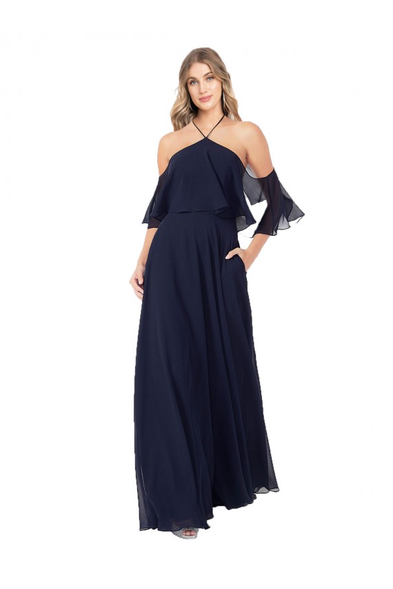 Dunkelmarine A-Linien Neckholder Stehkragen Ausschnitt Chiffon Lange Brautjungfernkleider Verkäufer