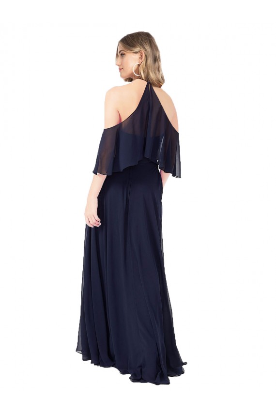 Dunkelmarine A-Linien Neckholder Stehkragen Ausschnitt Chiffon Lange Brautjungfernkleider Verkäufer