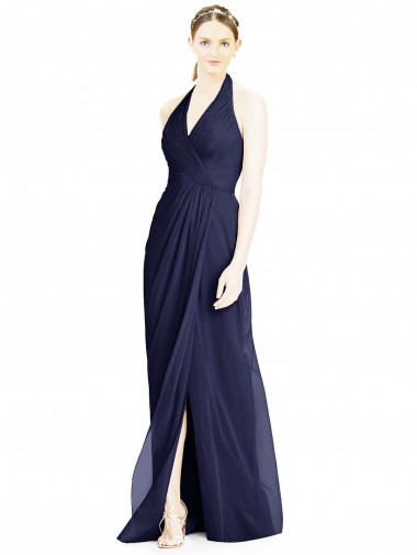 Dunkelmarine A-Linien Neckholder V-Ausschnitt Chiffon Lange Brautjungfernkleider Verkäufer