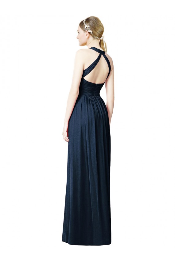 Dunkelmarine A-Linien Neckholder V-Ausschnitt Chiffon Lange Brautjungfernkleider Verkäufer