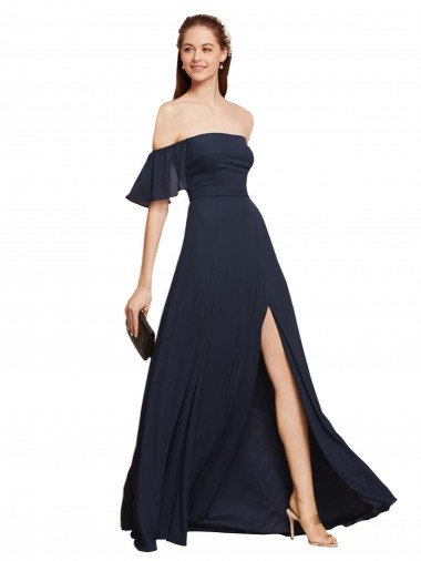 Dunkelmarine A-Linien Off-Schulter Chiffon Lange Brautjungfernkleider / Abiballkleider Verkäufer