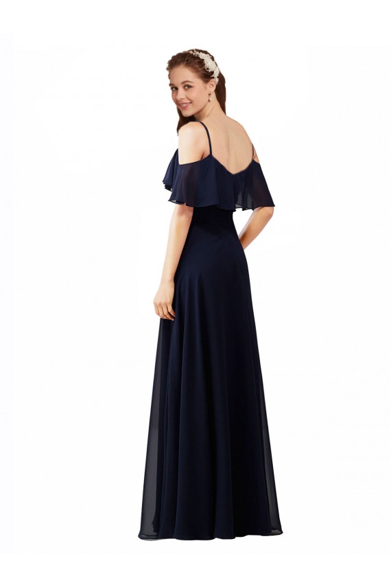 Dunkelmarine A-Linien Off-Schulter V-Ausschnitt Chiffon Lange Brautjungfernkleider Verkäufer