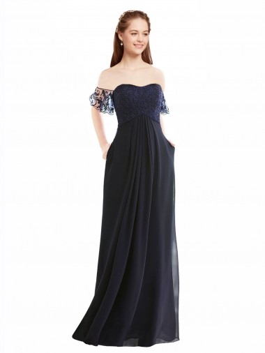 Dunkelmarine A-Linien Off-Schulter V-Ausschnitt Chiffon Spitze Lange Brautjungfernkleider Verkäufer