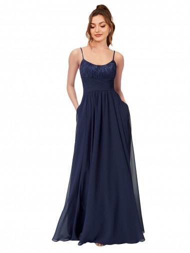 Dunkelmarine A-Linien Scoop Chiffon Spitze Lange Brautjungfernkleider Verkäufer