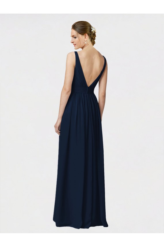 Dunkelmarine A-Linien V-Ausschnitt Chiffon Lange Brautjungfernkleider Verkäufer