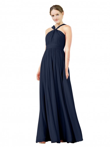 Dunkelmarine A-Linien V-Ausschnitt Chiffon Lange Brautjungfernkleider Verkäufer