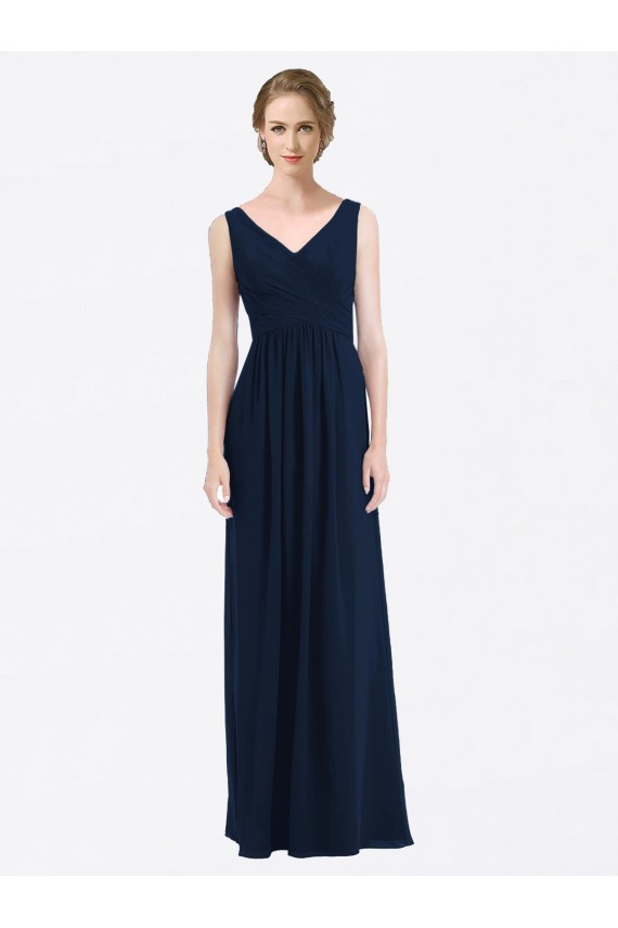 Dunkelmarine A-Linien V-Ausschnitt Chiffon Lange Brautjungfernkleider Verkäufer