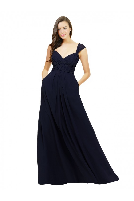 Dunkelmarine A-Linien V-Ausschnitt Chiffon Lange Brautjungfernkleider Verkäufer