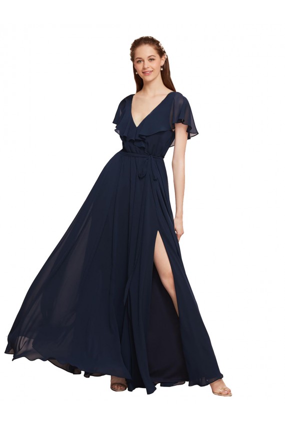 Dunkelmarine A-Linien V-Ausschnitt Chiffon Lange Brautjungfernkleider Verkäufer