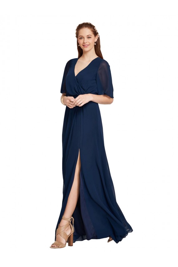 Dunkelmarine A-Linien V-Ausschnitt Chiffon Lange Brautjungfernkleider Verkäufer
