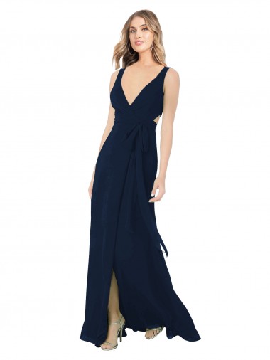 Dunkelmarine A-Linien V-Ausschnitt Chiffon Lange Brautjungfernkleider Verkäufer
