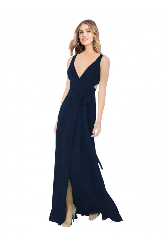 Dunkelmarine A-Linien V-Ausschnitt Chiffon Lange Brautjungfernkleider Verkäufer