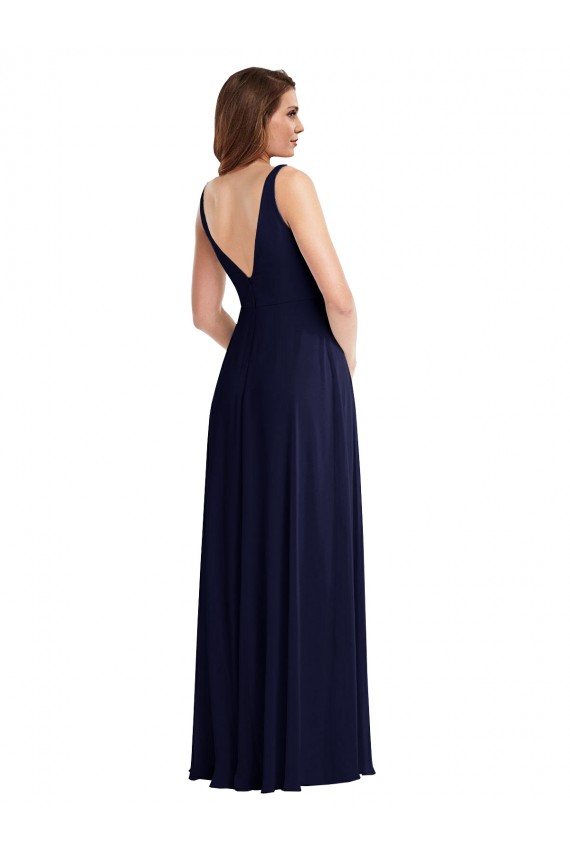 Dunkelmarine A-Linien V-Ausschnitt Chiffon Lange Brautjungfernkleider Verkäufer