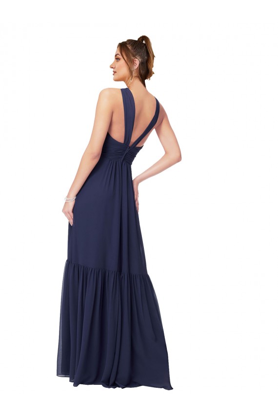 Dunkelmarine A-Linien V-Ausschnitt Chiffon Lange Brautjungfernkleider Verkäufer