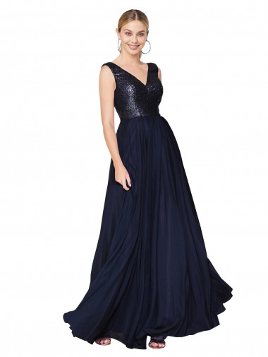 Dunkelmarine A-Linien V-Ausschnitt Chiffon Paillette Lange Brautjungfernkleider / Abiballkleider Verkäufer