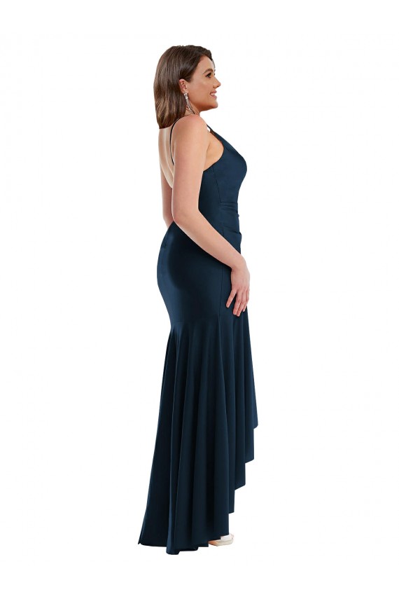 Dunkelmarine Meerjungfrau Spaghetti-Träger Seidiger Satin Lange Formale Brautjungfernkleider / Abendkleider / Abiballkleider Verkäufer
