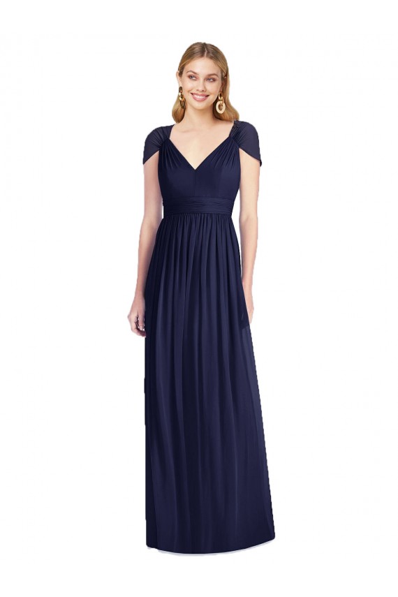 Dunkelmarine Trompete V-Ausschnitt Chiffon Lange Brautjungfernkleider Verkäufer