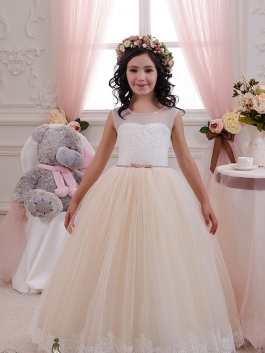 Elfenbein & Champagner Prinzessin Tüll Spitze Lange Blumenmädchenkleider Verkäufer