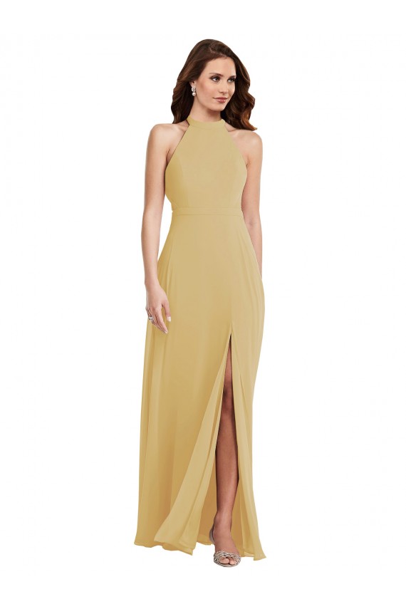 Gold A-Linien Neckholder Chiffon Lange Brautjungfernkleider Verkäufer