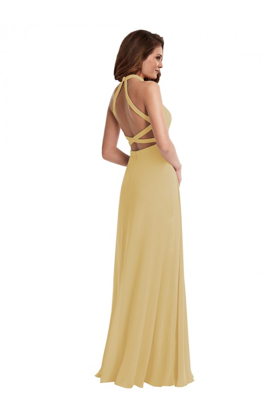 Gold A-Linien Neckholder Chiffon Lange Brautjungfernkleider Verkäufer