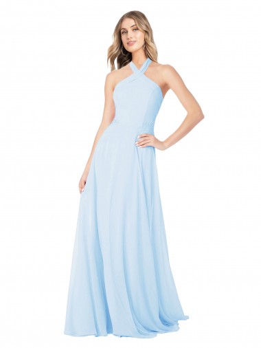 Helles Himmelblau A-Linien Neckholder Stehkragen Ausschnitt Chiffon Lange Brautjungfernkleider Verkäufer