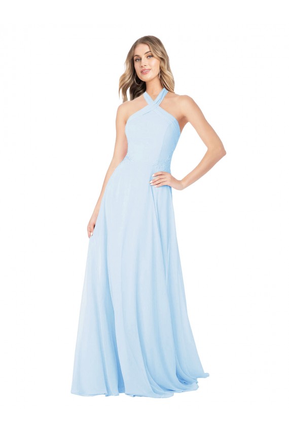 Helles Himmelblau A-Linien Neckholder Stehkragen Ausschnitt Chiffon Lange Brautjungfernkleider Verkäufer