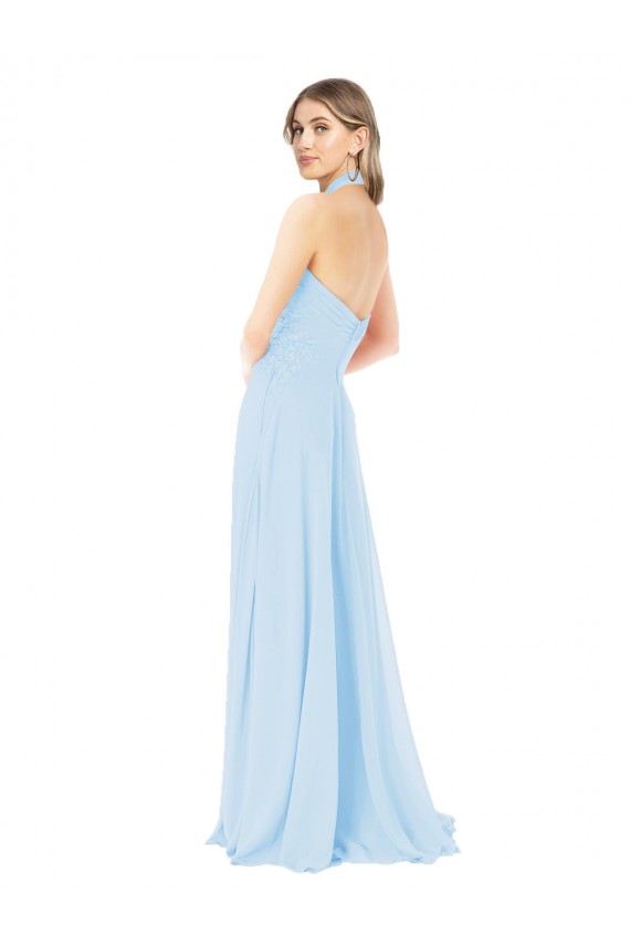 Helles Himmelblau A-Linien Neckholder Stehkragen Ausschnitt Chiffon Lange Brautjungfernkleider Verkäufer