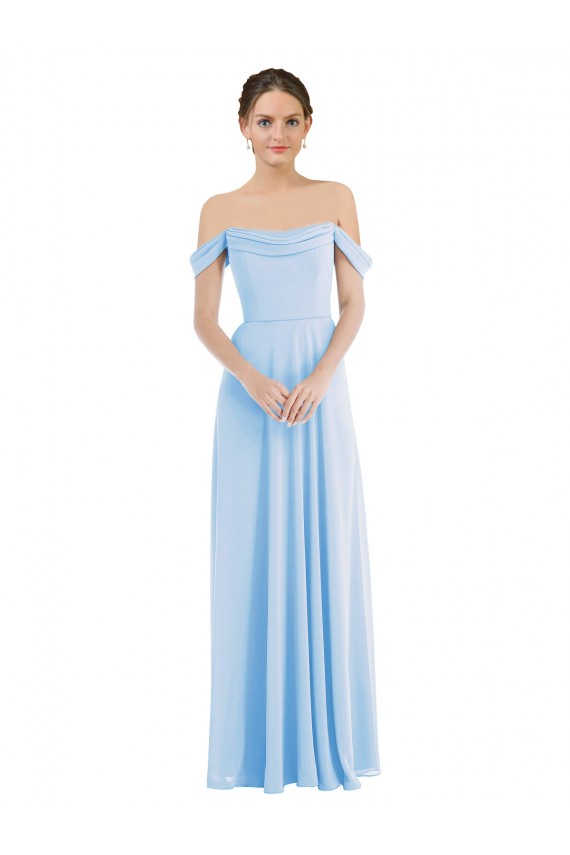 Helles Himmelblau A-Linien Off-Schulter Chiffon Lange Formale Brautjungfernkleider / Abendkleider Verkäufer