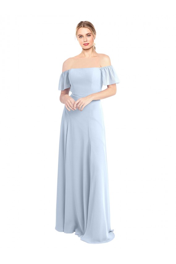 Helles Himmelblau A-Linien Off-Schulter Quadrat Ausschnitt Chiffon Lange Brautjungfernkleider Verkäufer