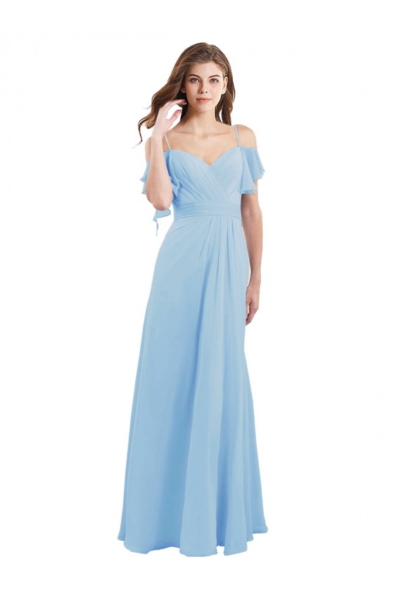 Helles Himmelblau A-Linien Spaghetti-Träger Chiffon Lange Brautjungfernkleider Verkäufer