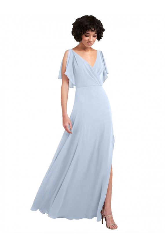 Helles Himmelblau A-Linien V-Ausschnitt Chiffon Lange Brautjungfernkleider Verkäufer