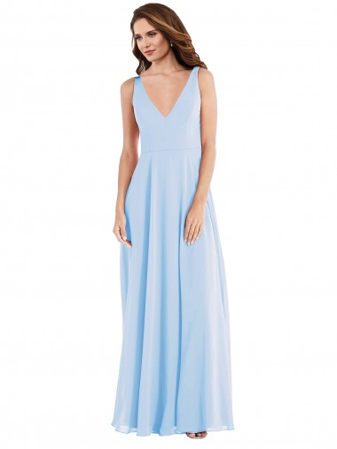 Helles Himmelblau A-Linien V-Ausschnitt Chiffon Lange Brautjungfernkleider Verkäufer