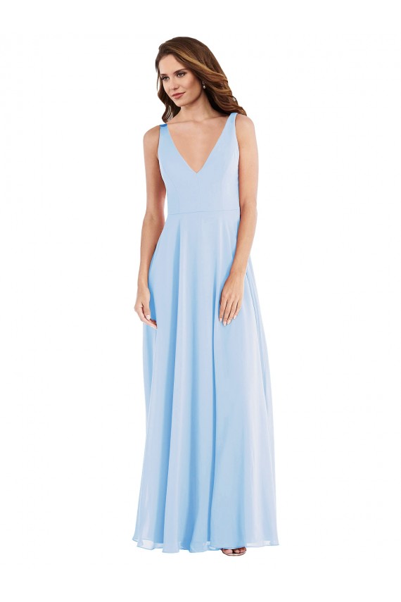 Helles Himmelblau A-Linien V-Ausschnitt Chiffon Lange Brautjungfernkleider Verkäufer